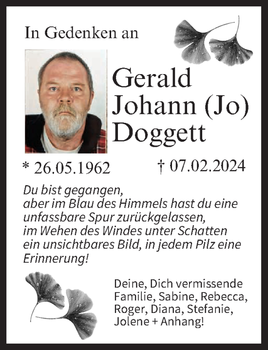 Anzeige von Gerald Johann Doggett von MGO