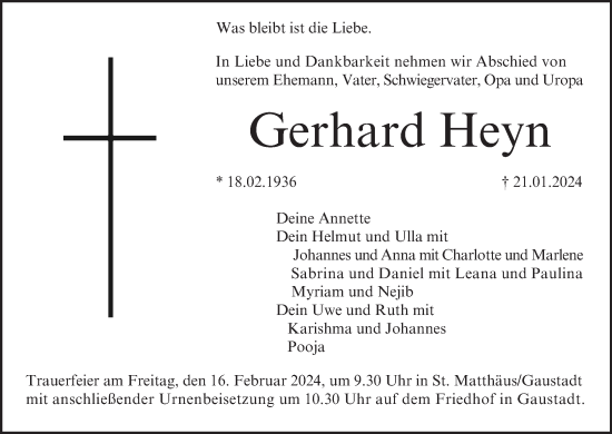 Anzeige von Gerhard Heyn von MGO