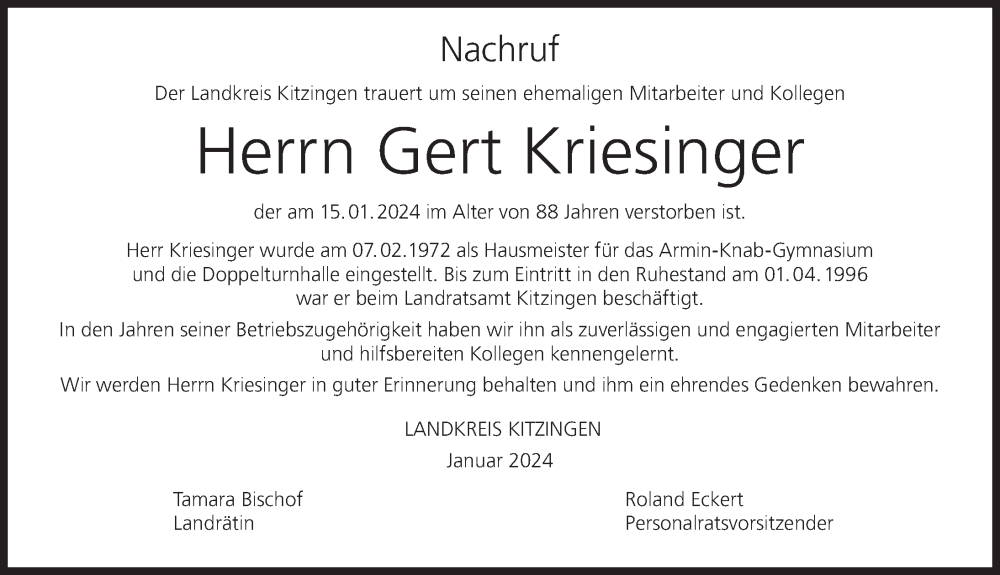  Traueranzeige für Gert Kriesinger vom 03.02.2024 aus MGO