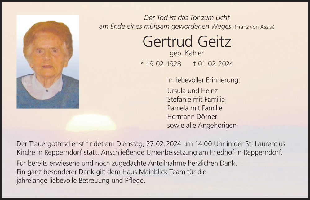  Traueranzeige für Gertrud Geitz vom 24.02.2024 aus MGO