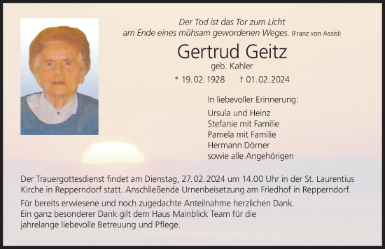 Anzeige von Gertrud Geitz von MGO