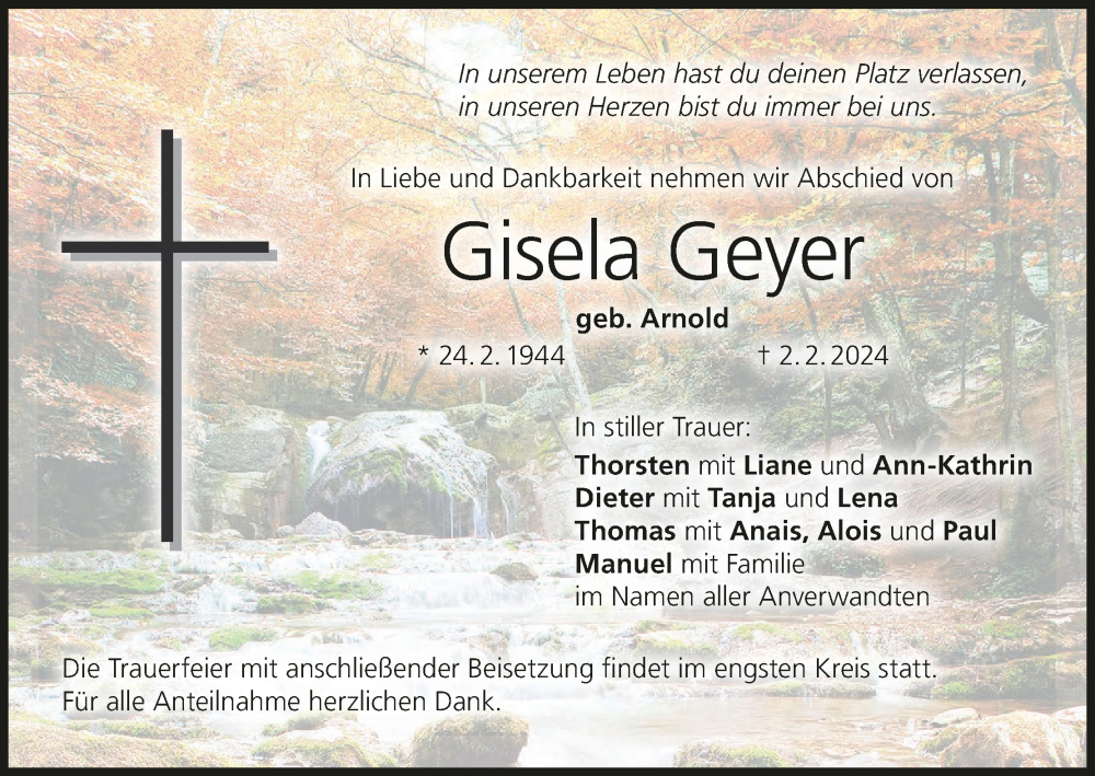 Traueranzeige für Gisela Geyer vom 10.02.2024 aus MGO