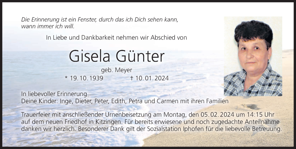  Traueranzeige für Gisela Günter vom 01.02.2024 aus MGO