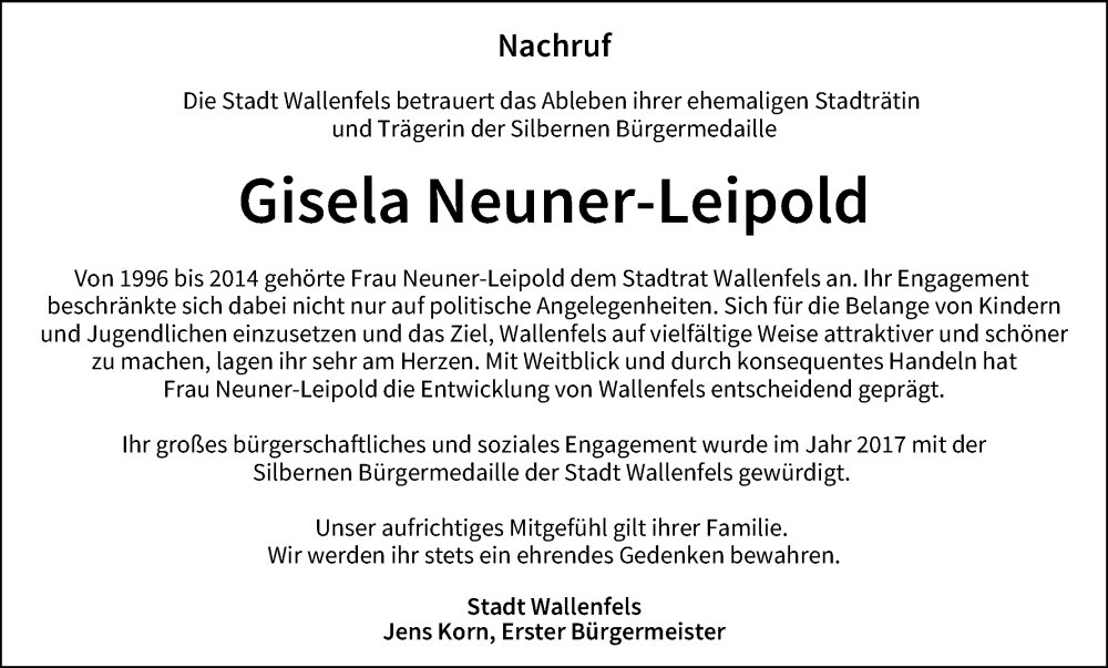  Traueranzeige für Gisela Neuner-Leipold vom 10.02.2024 aus MGO
