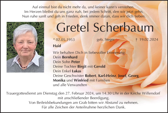 Anzeige von Gretel Scherbaum von MGO