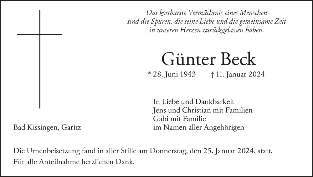  Traueranzeige für Günter Beck vom 03.02.2024 aus MGO