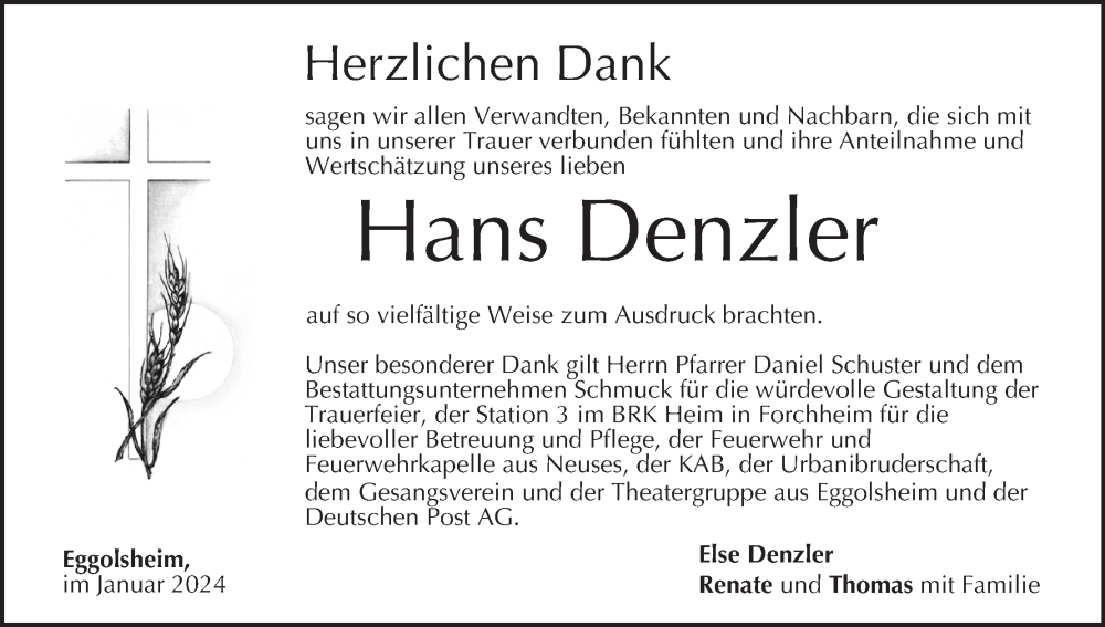  Traueranzeige für Hans Denzler vom 17.02.2024 aus MGO