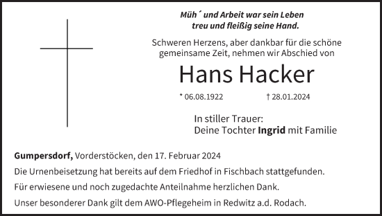 Anzeige von Hans Hacker von MGO