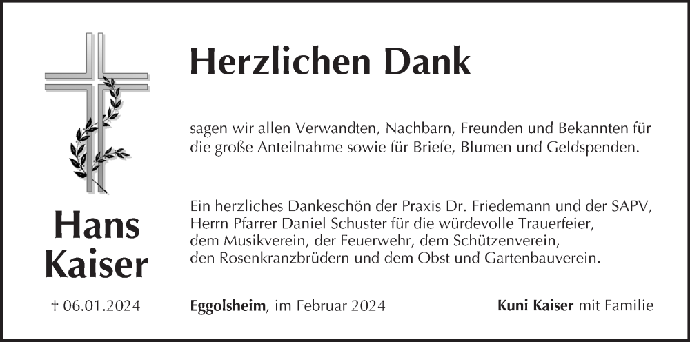  Traueranzeige für Hans Kaiser vom 10.02.2024 aus MGO