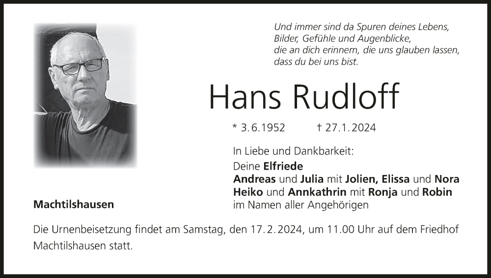  Traueranzeige für Hans Rudloff vom 03.02.2024 aus MGO
