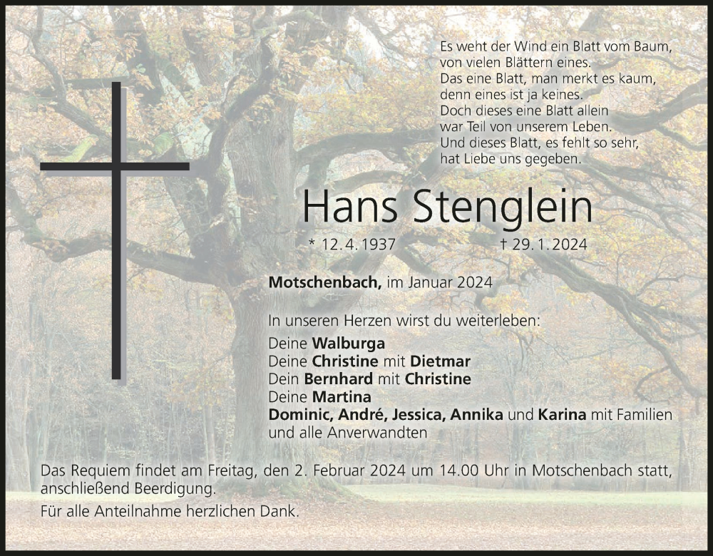  Traueranzeige für Hans Stenglein vom 01.02.2024 aus MGO