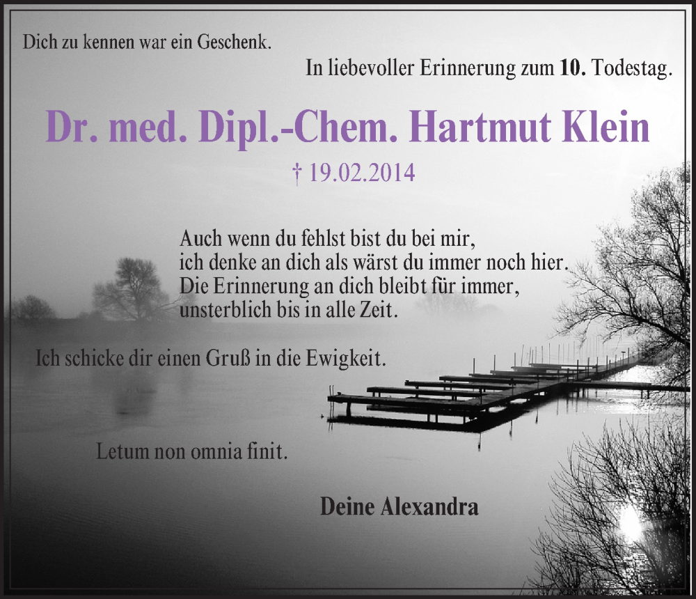  Traueranzeige für Dr. med. Dipl.-Chem. Hartmut Klein vom 19.02.2024 aus MGO