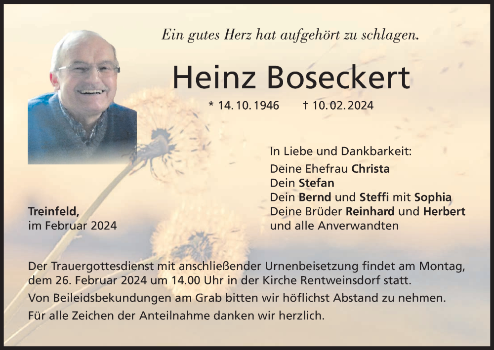  Traueranzeige für Heinz Boseckert vom 17.02.2024 aus MGO