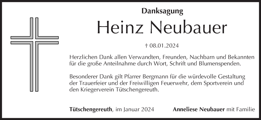  Traueranzeige für Heinz Neubauer vom 03.02.2024 aus MGO