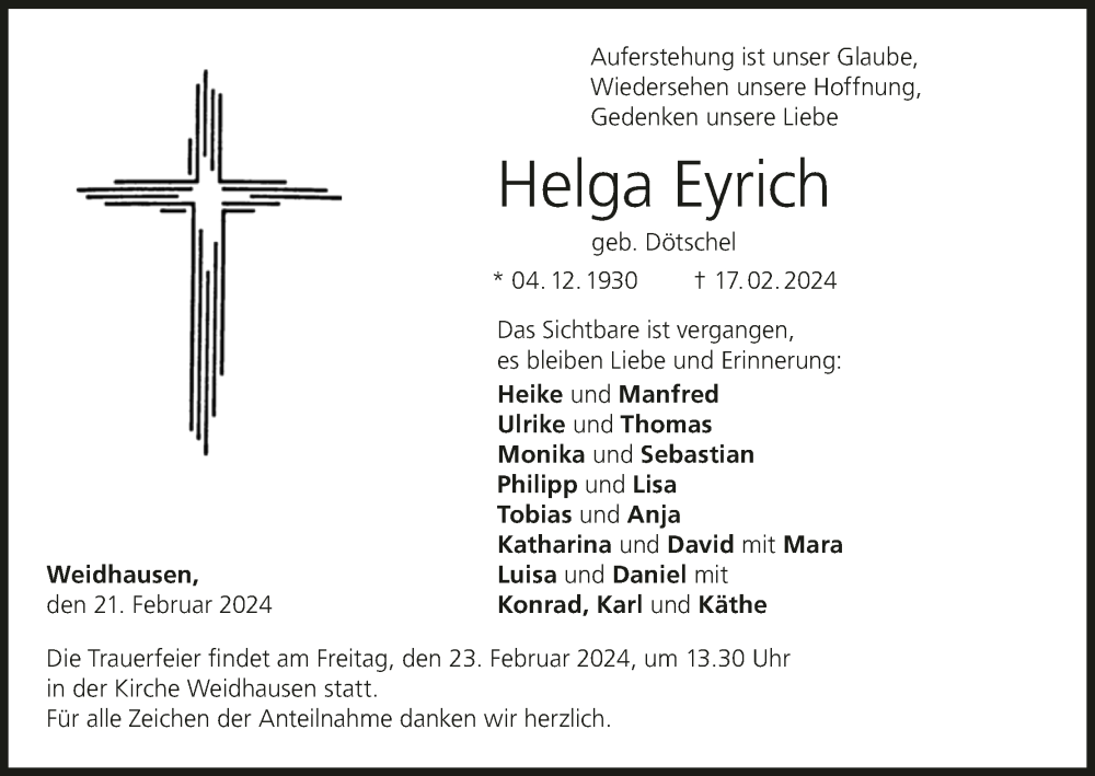  Traueranzeige für Helga Eyrich vom 21.02.2024 aus MGO