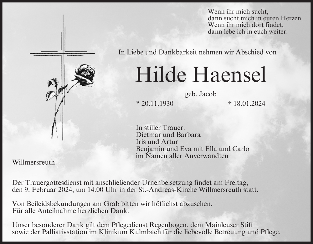  Traueranzeige für Hilde Haensel vom 03.02.2024 aus MGO