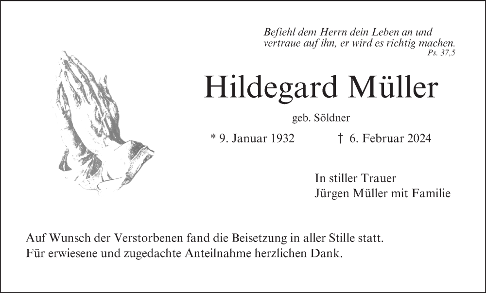  Traueranzeige für Hildegard Müller vom 17.02.2024 aus MGO