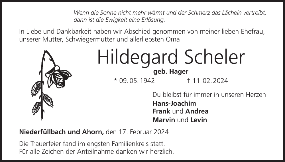  Traueranzeige für Hildegard Scheler vom 17.02.2024 aus MGO