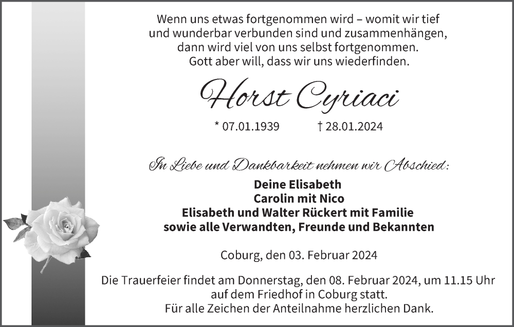  Traueranzeige für Horst Cyriaci vom 03.02.2024 aus MGO