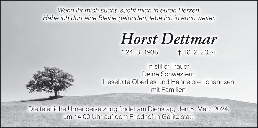  Traueranzeige für Horst Dettmar vom 24.02.2024 aus MGO