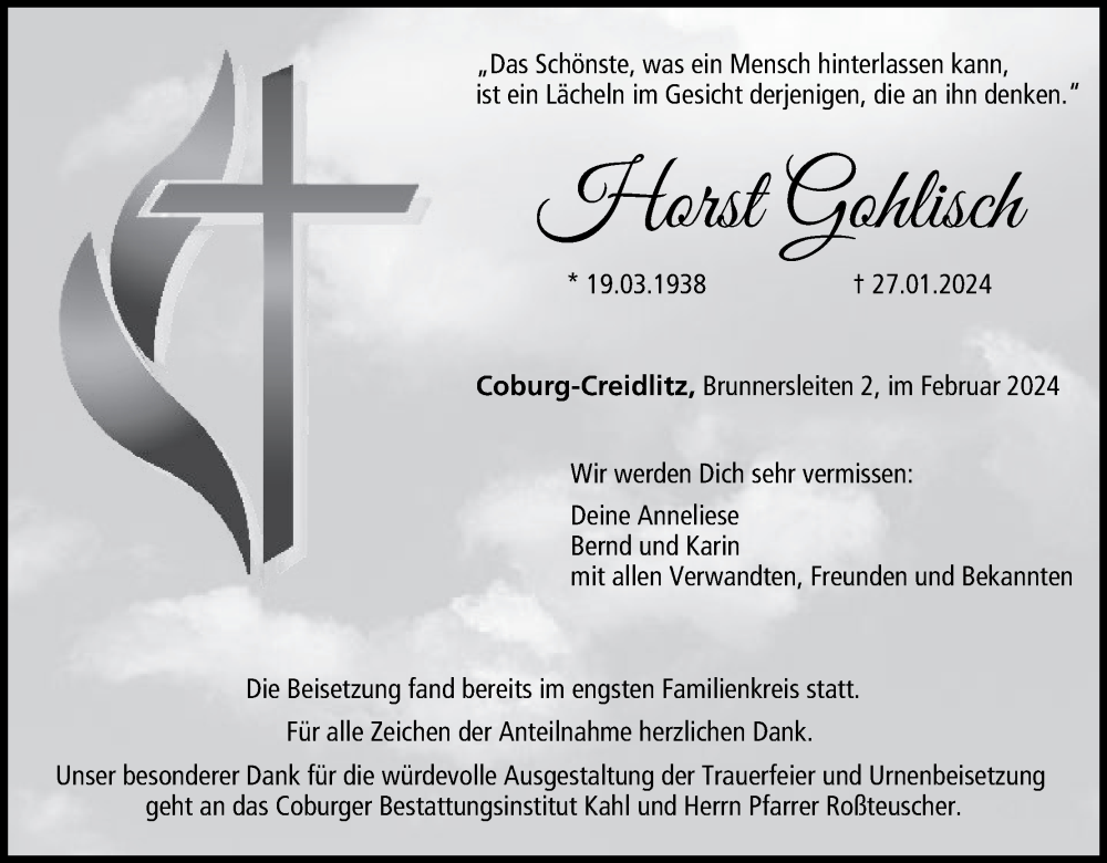  Traueranzeige für Horst Gohlisch vom 10.02.2024 aus MGO