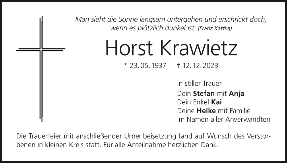  Traueranzeige für Horst Krawietz vom 03.02.2024 aus MGO