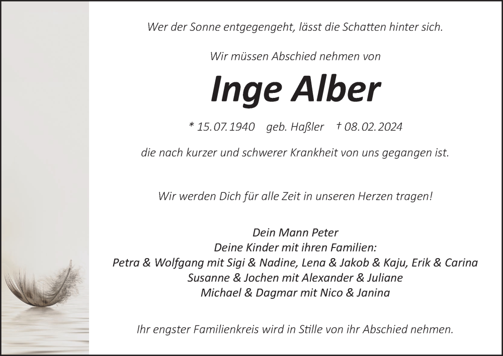  Traueranzeige für Inge Alber vom 22.02.2024 aus MGO