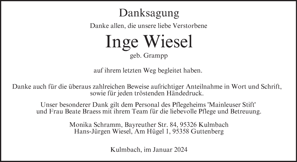  Traueranzeige für Inge Wiesel vom 03.02.2024 aus MGO
