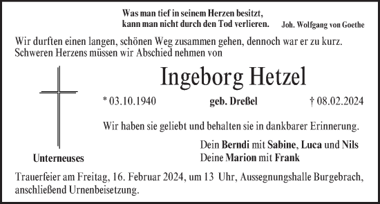 Anzeige von Ingeborg Hetzel von MGO