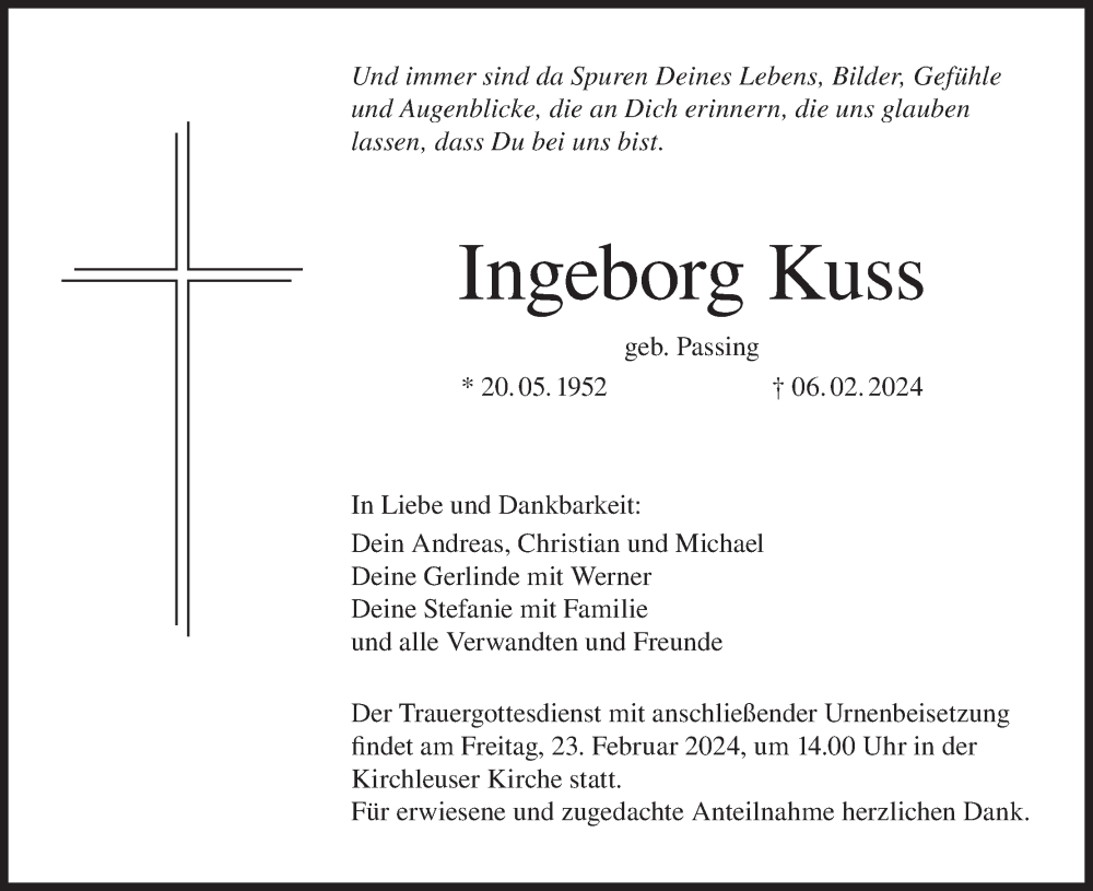  Traueranzeige für Ingeborg Kuss vom 20.02.2024 aus MGO