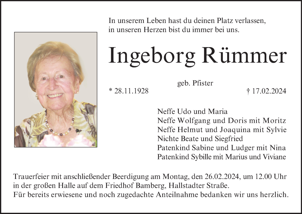  Traueranzeige für Ingeborg Rümmer vom 24.02.2024 aus MGO