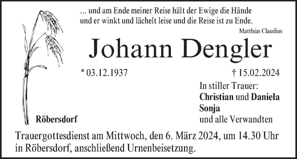  Traueranzeige für Johann Dengler vom 21.02.2024 aus MGO