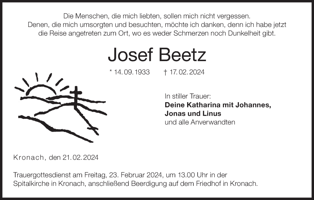  Traueranzeige für Josef Beetz vom 21.02.2024 aus MGO