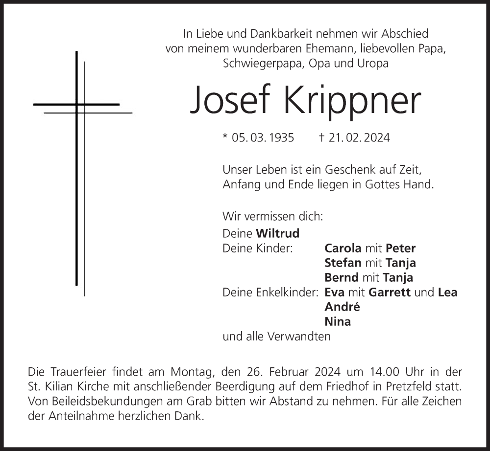  Traueranzeige für Josef Krippner vom 24.02.2024 aus MGO