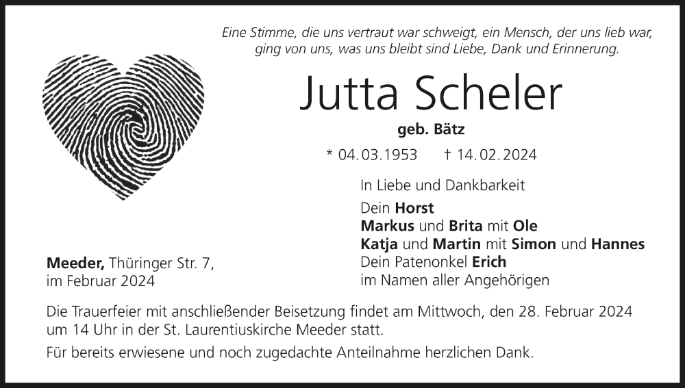  Traueranzeige für Jutta Scheler vom 23.02.2024 aus MGO