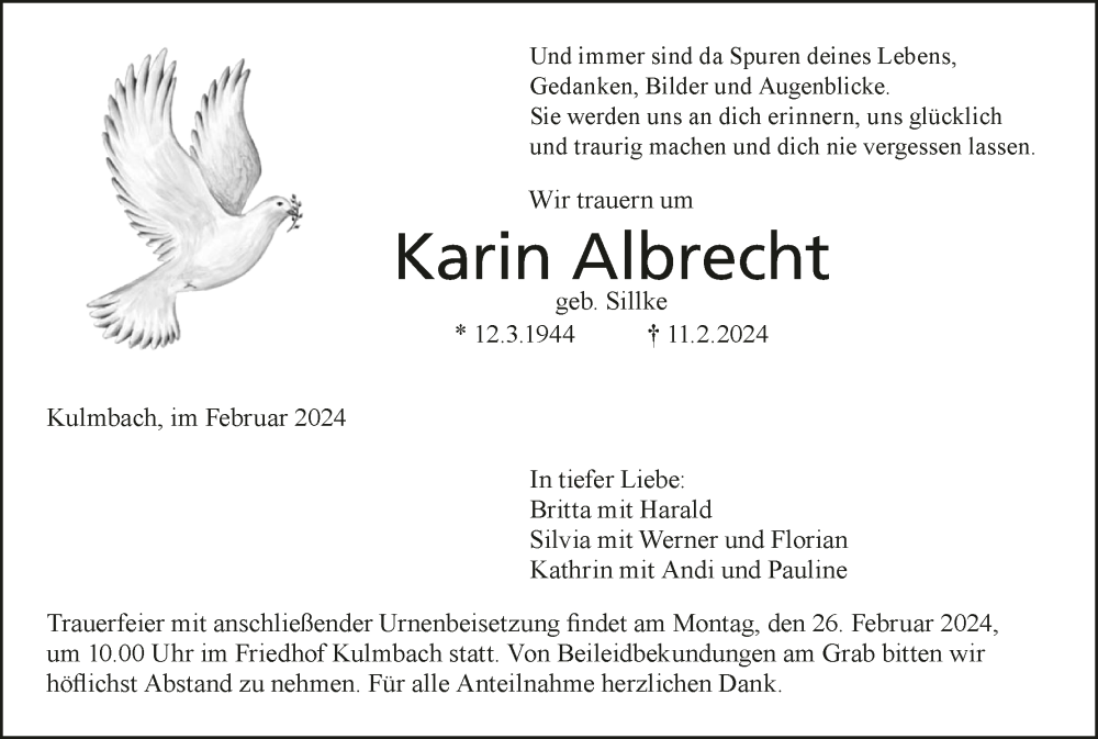  Traueranzeige für Karin Albrecht vom 21.02.2024 aus MGO