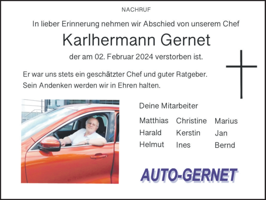 Anzeige von Karlhermann Gernet von MGO