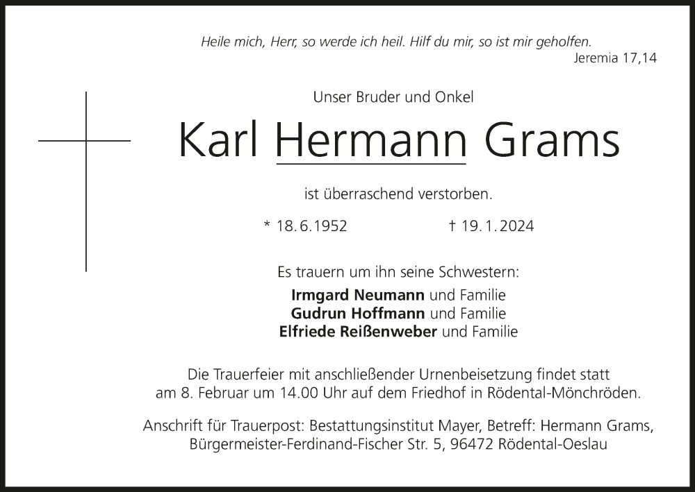  Traueranzeige für Karl Hermann Grams vom 03.02.2024 aus MGO
