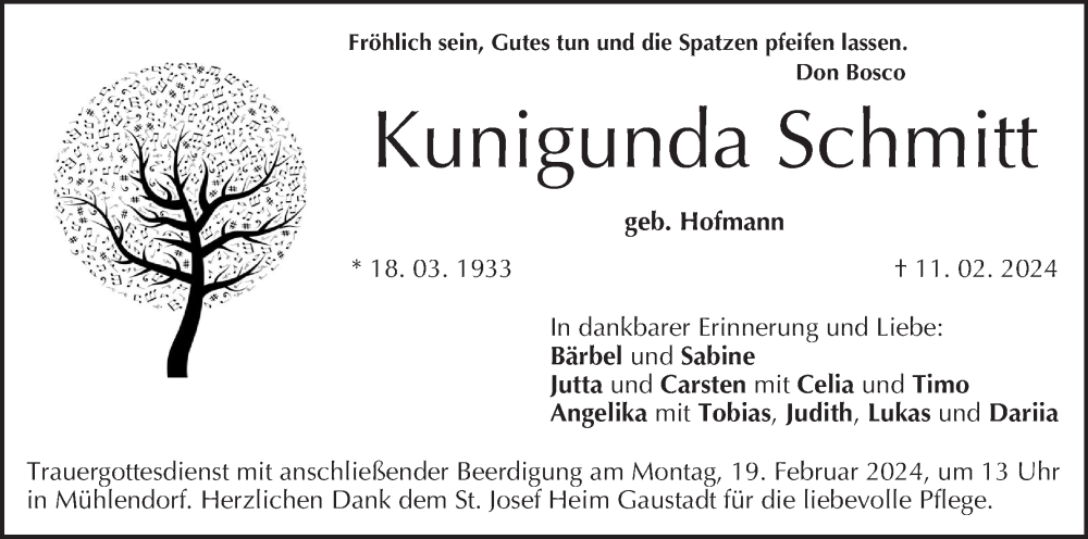  Traueranzeige für Kunigunda Schmitt vom 17.02.2024 aus MGO