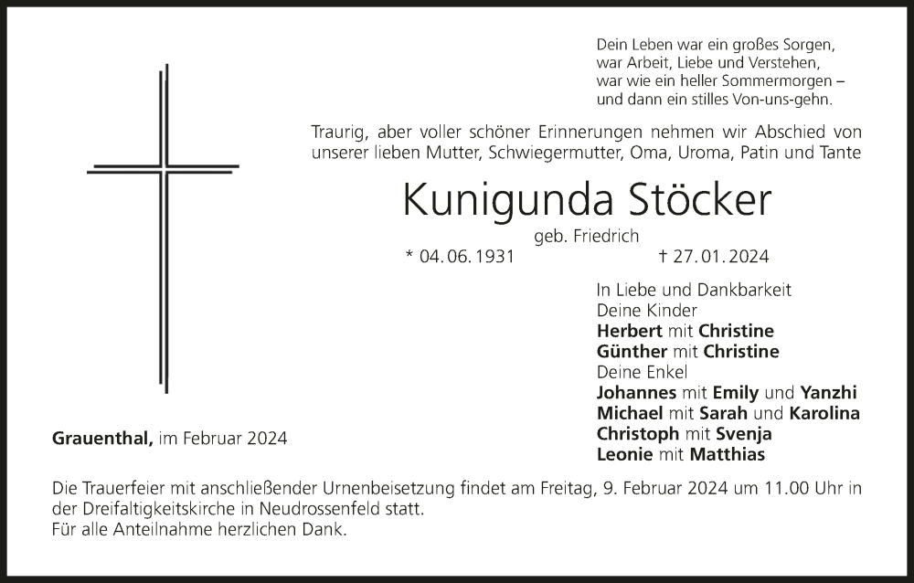  Traueranzeige für Kunigunda Stöcker vom 07.02.2024 aus MGO