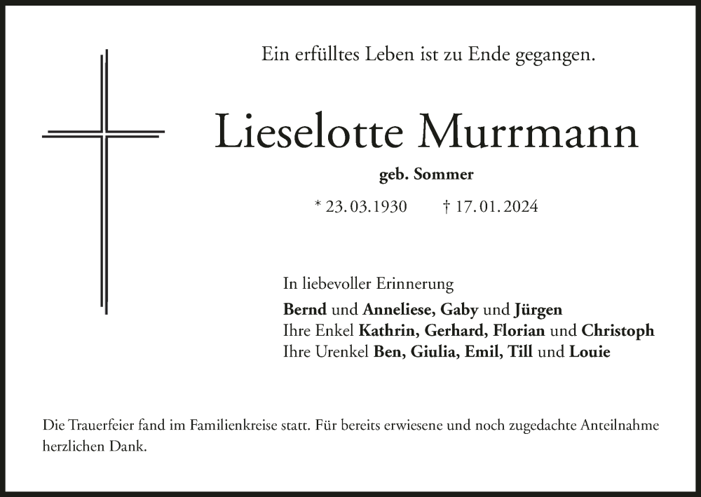 Traueranzeige für Lieselotte Murrmann vom 03.02.2024 aus MGO