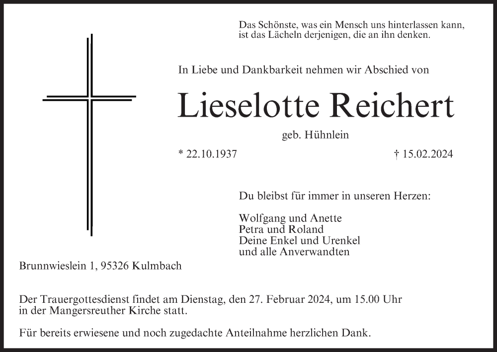 Traueranzeige für Lieselotte Reichert vom 24.02.2024 aus MGO