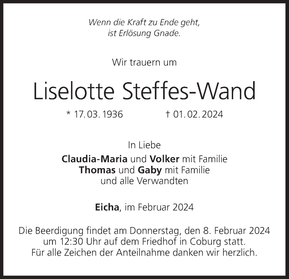  Traueranzeige für Liselotte Steffes-Wand vom 03.02.2024 aus MGO
