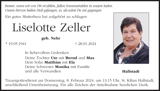Anzeige von Liselotte Zeller von MGO