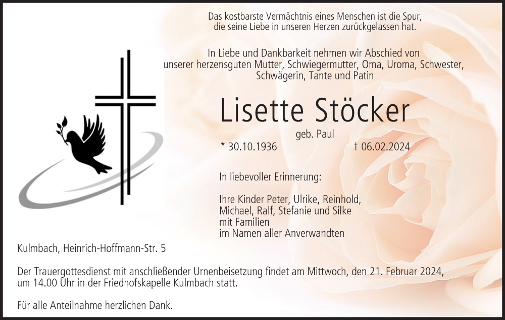  Traueranzeige für Lisette Stöcker vom 17.02.2024 aus MGO