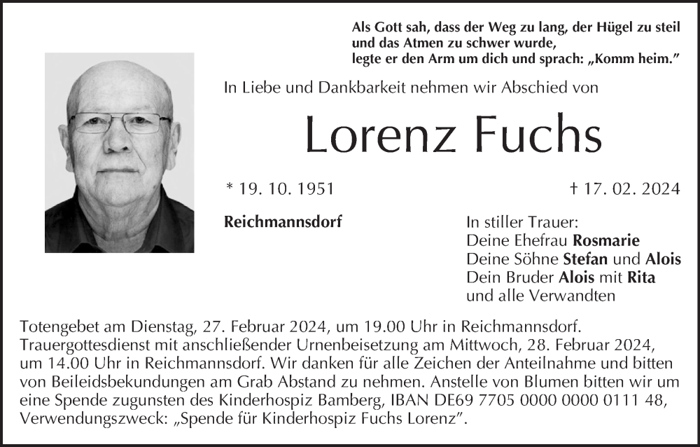  Traueranzeige für Lorenz Fuchs vom 24.02.2024 aus MGO