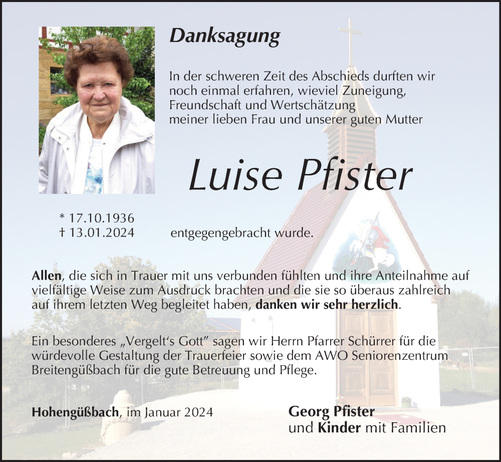  Traueranzeige für Luise Pfister vom 03.02.2024 aus MGO