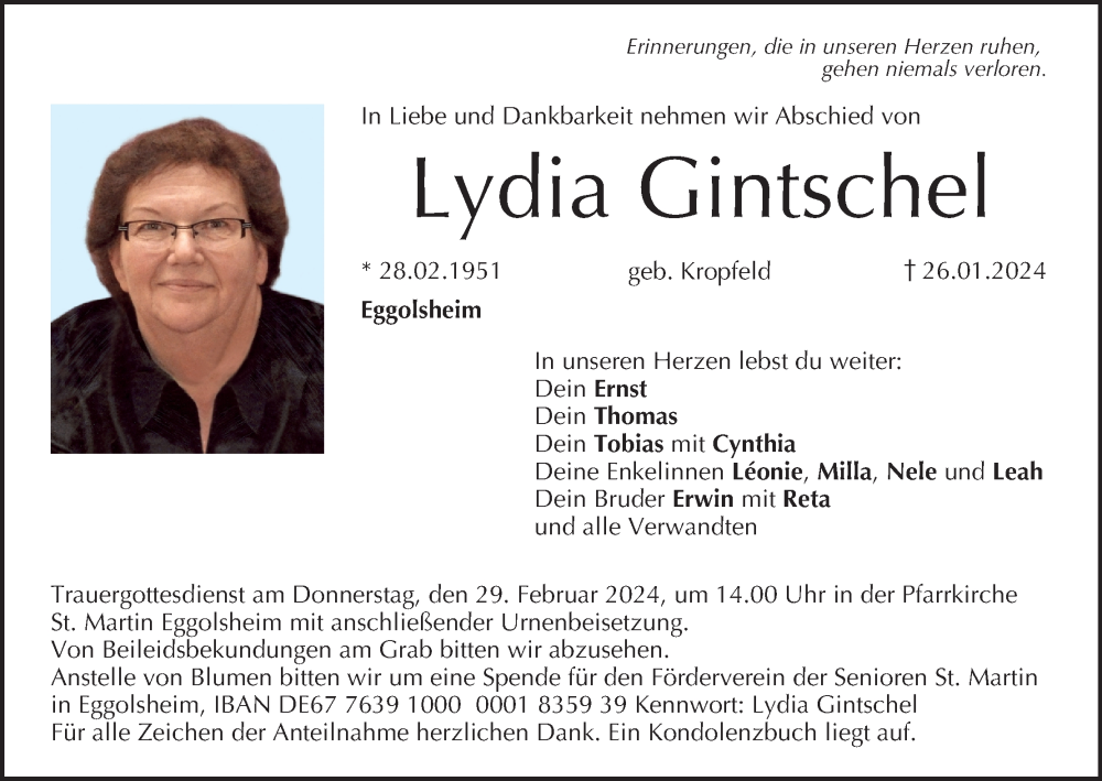  Traueranzeige für Lydia Gintschel vom 24.02.2024 aus MGO