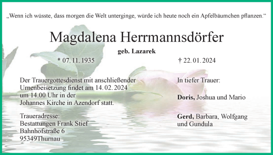 Anzeige von Magdalena Herrmannsdörfer von MGO