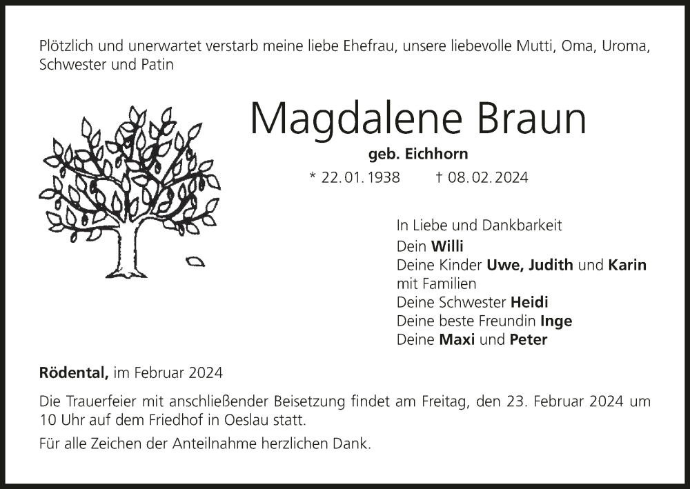  Traueranzeige für Magdalene Braun vom 17.02.2024 aus MGO
